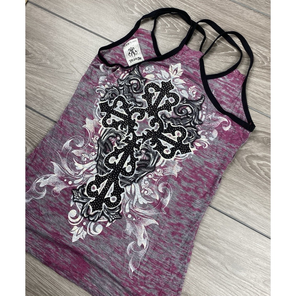 Vocal Womens Embellished Cross Sleeveless Tank Cross Cross Back Purple Grey Sz L - Picture 3 of 8